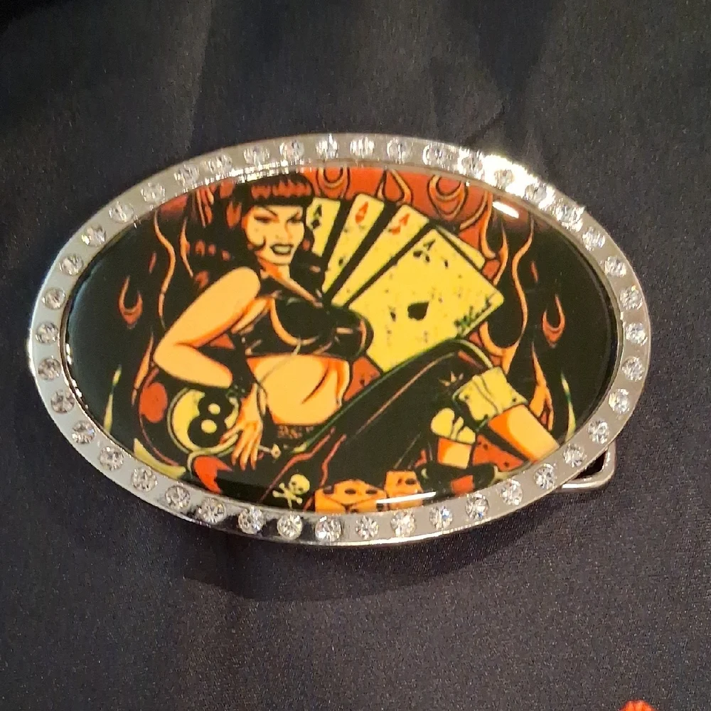 Lady Aces Black and Orange Rhinestone Oval Belt Buckle